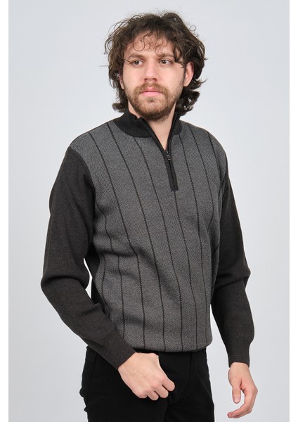 Erkek Çizgi Desenli Fermuarlı Yün Kazak 4539190 Füme