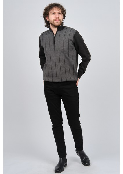 Erkek Çizgi Desenli Fermuarlı Yün Kazak 4539190 Füme fiyatları