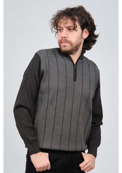 Erkek Çizgi Desenli Fermuarlı Yün Kazak 4539190 Füme modelleri