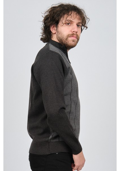 Erkek Çizgi Desenli Fermuarlı Yün Kazak 4539190 Füme fırsatları