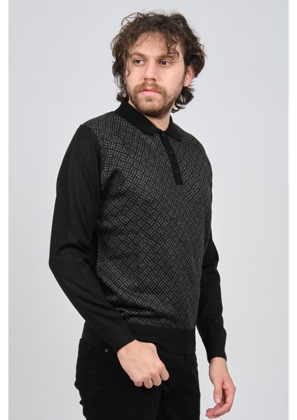 Erkek Polo Yaka Desenli Yün Kazak 4537134 Siyah