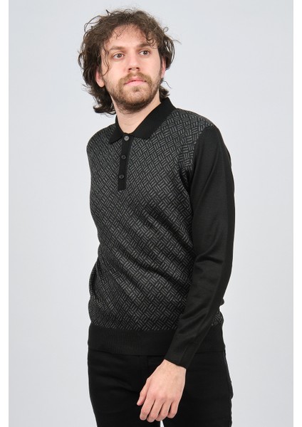 Erkek Polo Yaka Desenli Yün Kazak 4537134 Siyah modelleri