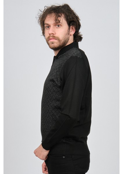 Erkek Polo Yaka Desenli Yün Kazak 4537134 Siyah fırsatları