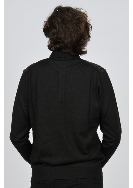 Erkek Polo Yaka Desenli Yün Kazak 4537134 Siyah indirimleri