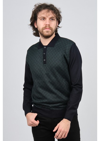 Erkek Polo Yaka Desenli Yün Kazak 4537134 Lacivert