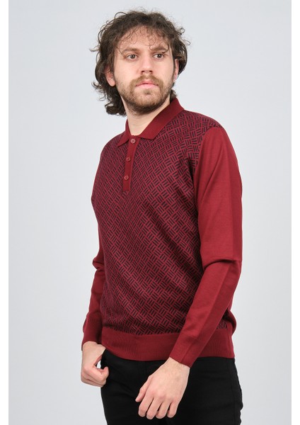 Erkek Polo Yaka Desenli Yün Kazak 4537134 Bordo