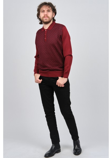 Erkek Polo Yaka Desenli Yün Kazak 4537134 Bordo fiyatları