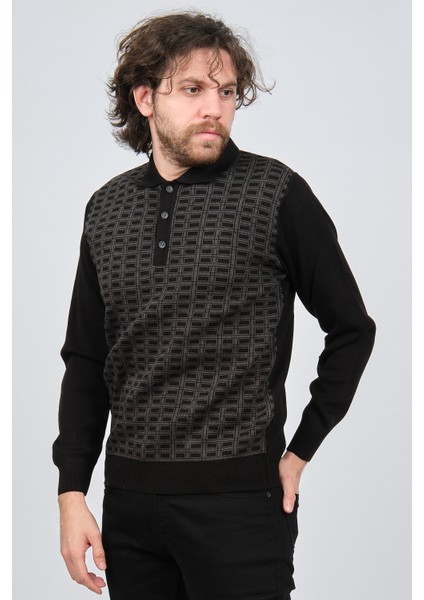 Erkek Polo Yaka Desenli Yün Kazak 6092101 Siyah