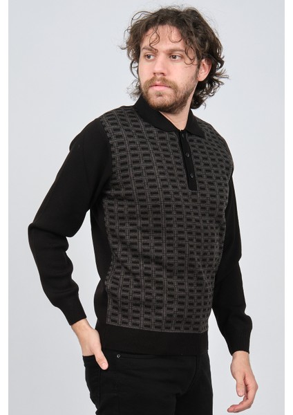 Erkek Polo Yaka Desenli Yün Kazak 6092101 Siyah modelleri