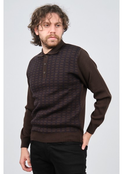 Erkek Polo Yaka Desenli Yün Kazak 6092101 Kahverengi
