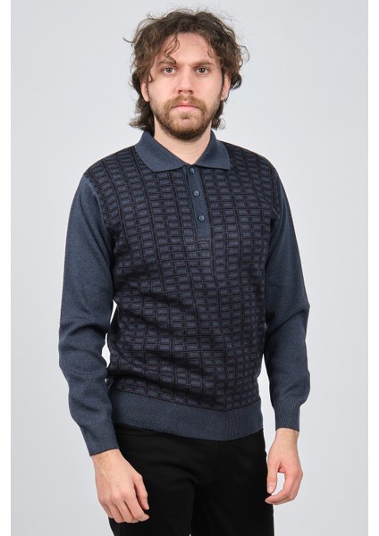 Erkek Polo Yaka Desenli Yün Kazak 6092101 Indigo