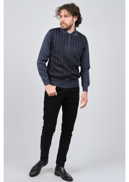 Erkek Polo Yaka Desenli Yün Kazak 6092101 Indigo