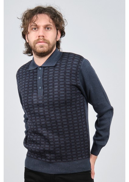 Erkek Polo Yaka Desenli Yün Kazak 6092101 Indigo