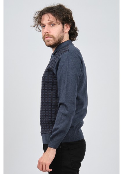 Erkek Polo Yaka Desenli Yün Kazak 6092101 Indigo