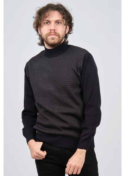 Erkek Yarım Balıkçı Desenli Yün Kazak 60912086 Lacivert