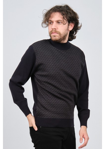 Erkek Yarım Balıkçı Desenli Yün Kazak 60912086 Lacivert modelleri