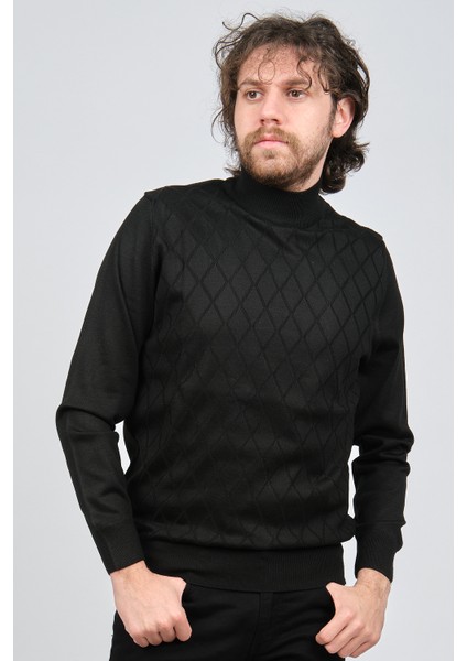 Erkek Yarım Balıkçı Baklava Desenli Yün Kazak 4537220 Siyah