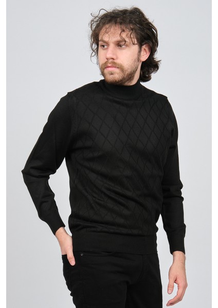 Erkek Yarım Balıkçı Baklava Desenli Yün Kazak 4537220 Siyah modelleri