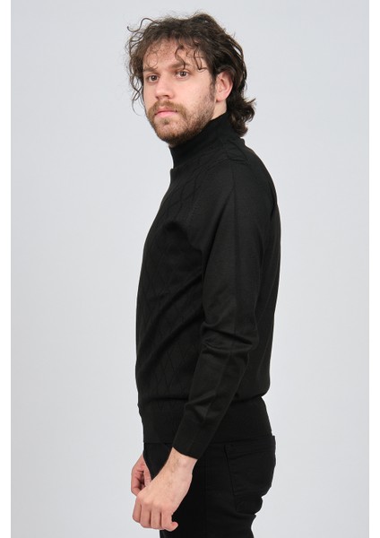 Erkek Yarım Balıkçı Baklava Desenli Yün Kazak 4537220 Siyah fırsatları