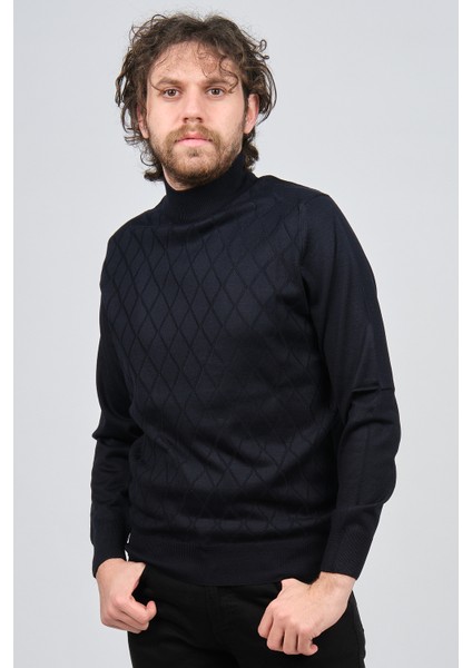 Erkek Yarım Balıkçı Baklava Desenli Yün Kazak 4537220 Lacivert