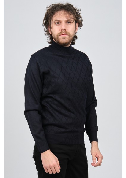 Erkek Yarım Balıkçı Baklava Desenli Yün Kazak 4537220 Lacivert fiyatları