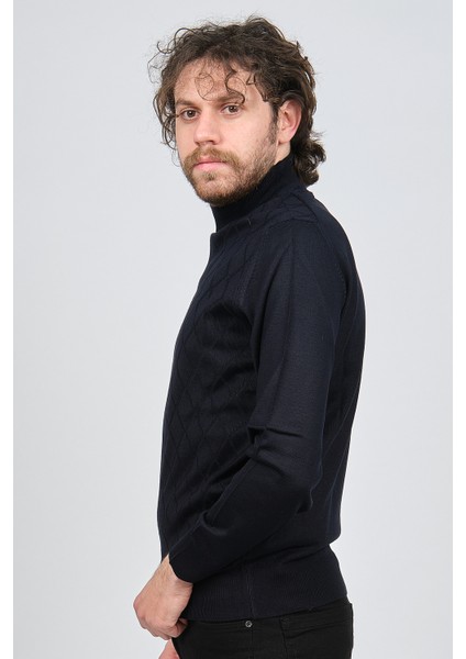 Erkek Yarım Balıkçı Baklava Desenli Yün Kazak 4537220 Lacivert fırsatları