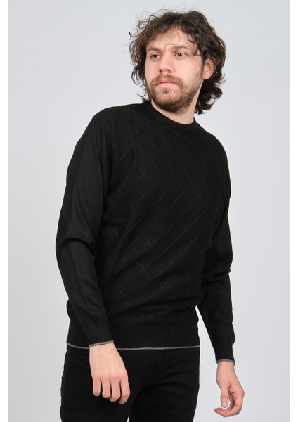 Erkek Bisiklet Yaka Baklava Desenli Yün Kazak 4537073 Siyah