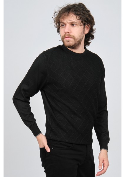 Erkek Bisiklet Yaka Baklava Desenli Yün Kazak 4537073 Siyah modelleri