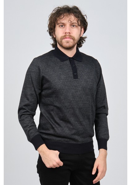 Erkek Polo Yaka Desenli Yün Kazak 4537094 Lacivert