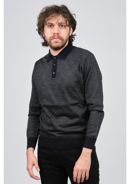 Erkek Polo Yaka Desenli Yün Kazak 4537094 Lacivert modelleri