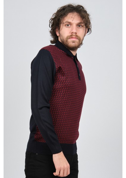 Erkek Polo Yaka Desenli Yün Kazak 4537124 Bordo modelleri