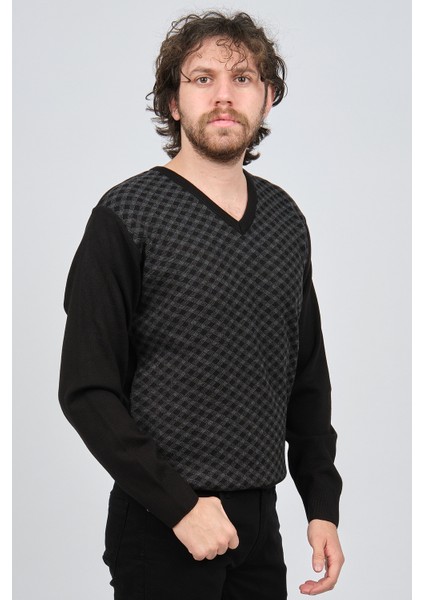 Erkek V Yaka Desenli Yün Kazak 4539082 Siyah