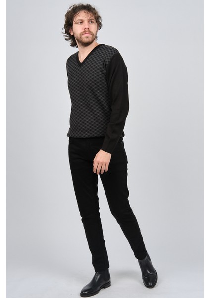 Erkek V Yaka Desenli Yün Kazak 4539082 Siyah fiyatları