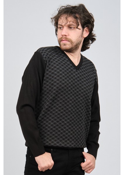 Erkek V Yaka Desenli Yün Kazak 4539082 Siyah modelleri