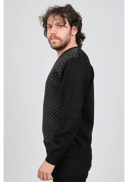 Erkek V Yaka Desenli Yün Kazak 4539082 Siyah fırsatları