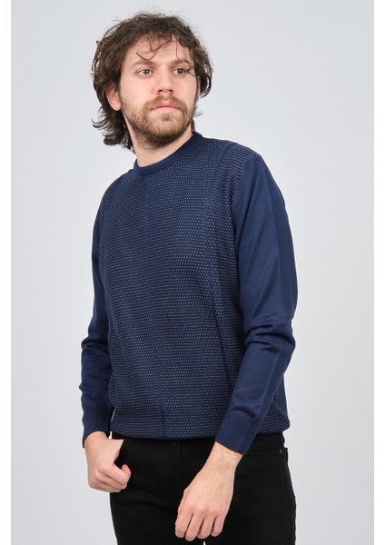 Erkek Bisiklet Yaka Desenli Yün Kazak 4537063 Lacivert modelleri