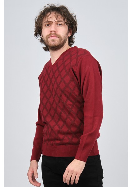 Erkek V Yaka Desenli Yün Kazak 4539072 Bordo