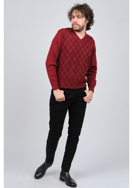 Erkek V Yaka Desenli Yün Kazak 4539072 Bordo fiyatları