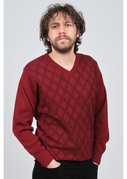 Erkek V Yaka Desenli Yün Kazak 4539072 Bordo modelleri