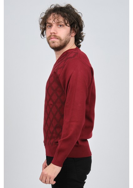 Erkek V Yaka Desenli Yün Kazak 4539072 Bordo fırsatları