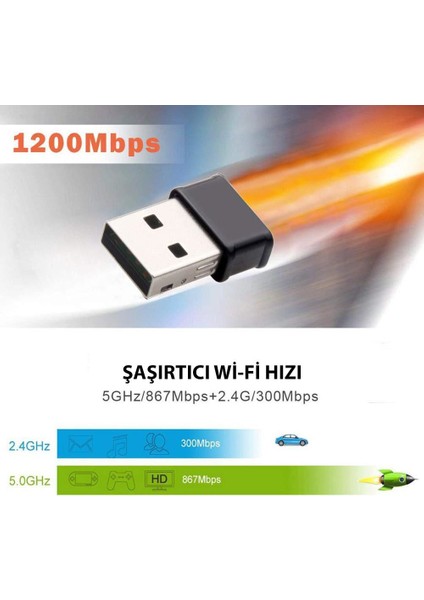 Wifi Adaptör Kablosuz Çift Antenli 1200MBPS USB 3.0 5g 2.4 Ghz