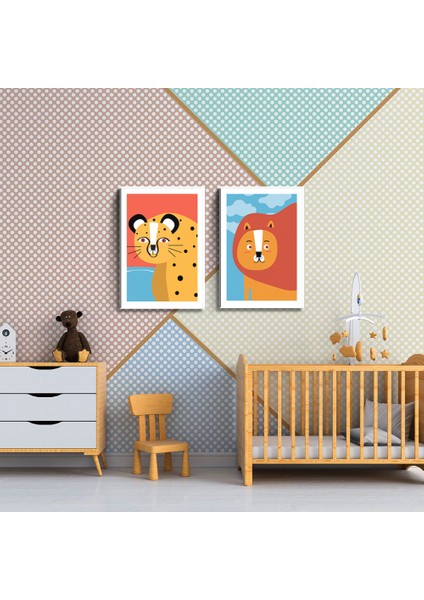 2'li Set 35X50 cm Çocuk Odası Sevimli Jaguar ve Aslan Temalı Kanvas Tablo Seti