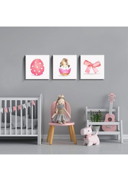 3'lü Set 40X40 cm Çocuk Odası Paskalya Yumurtası Kurdele ve Tavşan Temalı Kanvas Tablo Seti TBL1550