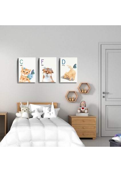3'lü Set 35X50 cm Çocuk Odası Harf ve Sevimli Hayvanlar Temalı Kanvas Tablo Seti