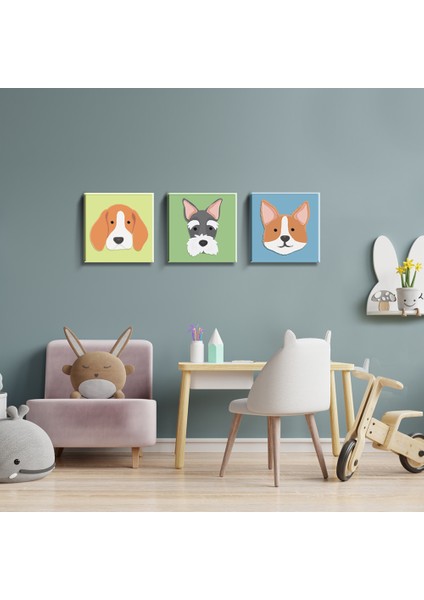 3'lü Set 40X40 cm Çocuk Odası Sevimli Köpekler Temalı Kanvas Tablo Seti