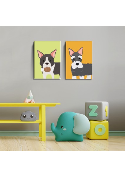 2'li Set 35X50 cm Çocuk Odası Sevimli Gri Köpekler Temalı Kanvas Tablo Seti