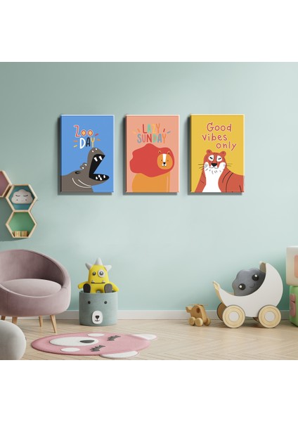 3'lü Set 35X50 cm Çocuk Odası Su Aygırı, Aslan ve Kaplan Temalı Kanvas Tablo Seti TBL1541