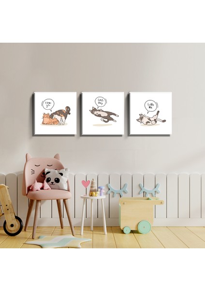 3'lü Set 40X40 cm Çocuk Odası Sevimli Kediler Temalı Kanvas Tablo Seti TBL1542