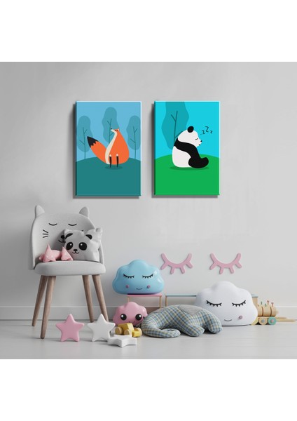 2'li Set 35X50 cm Çocuk Odası Uyuyan Panda ve Sevimli Tilki Temalı Kanvas Tablo Seti