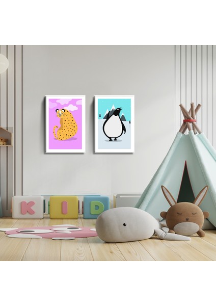 2'li Set 35X50 cm Çocuk Odası Jaguar ve Penguen Temalı Kanvas Tablo Seti